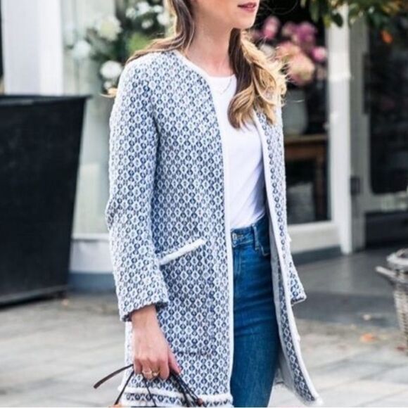 ZARA Basic BlueWhite Tweed Open Front Jacket Women’s XL Tribal Woven Fringe Coat - Picture 1 of 10
